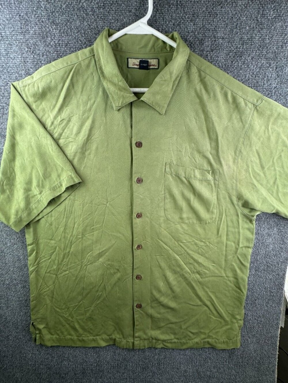 Tommy Bahama Men Silk Button Up Shirt Short Sleeve Hawaiian Solid Green XL Adult